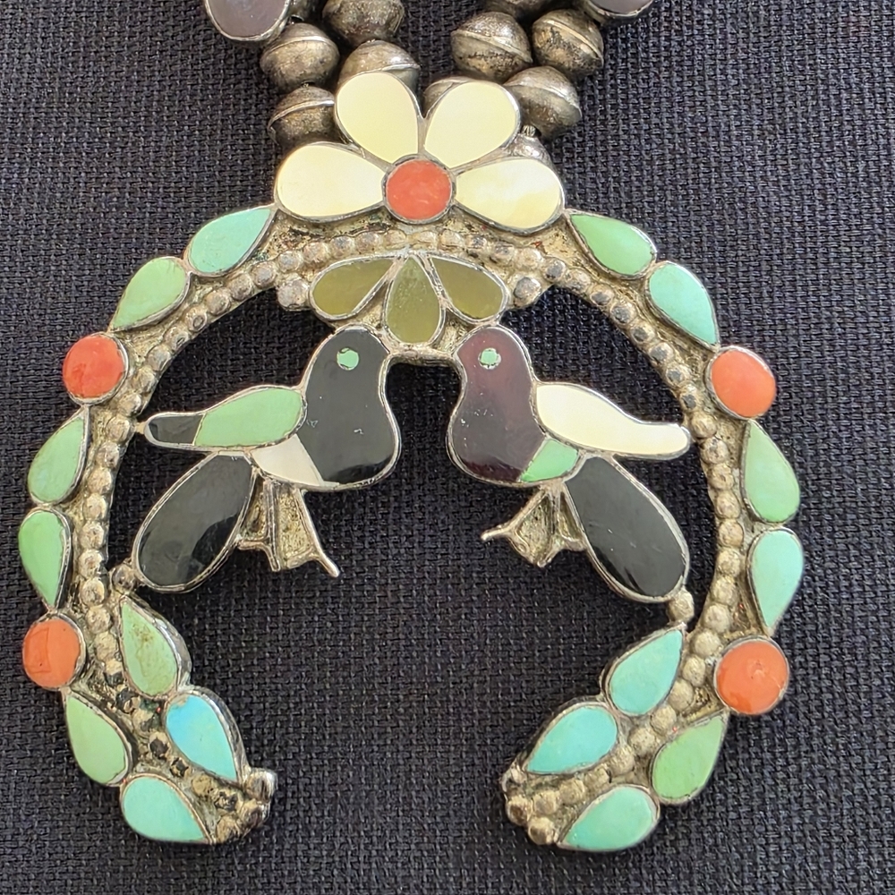 Signed Wesley & Ella Gia Zuni Sterling Squash Blossom Necklace Inlay Birds - Picture 2 of 12
